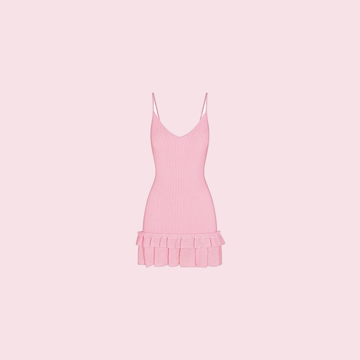 A pink ribbed mini dress with a ruffle hem, cut out in the app.