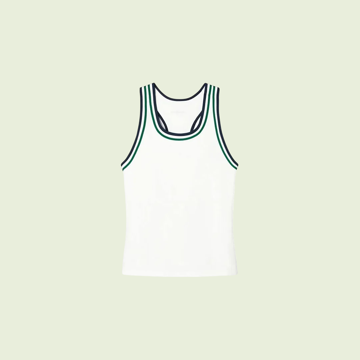A white tennis tank with navy and green tipping, cut out in the app.