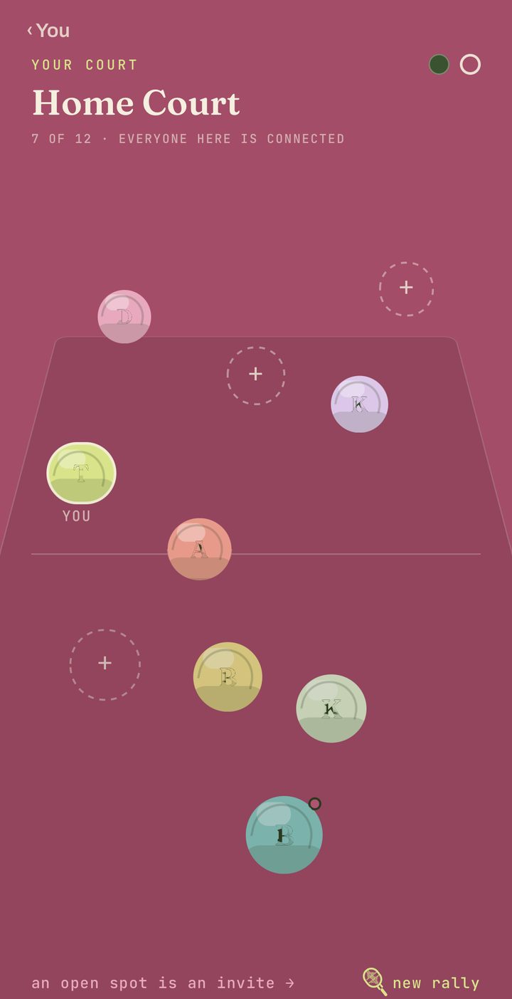 A Volley court: coloured balls on a drawn tennis court, one marked YOU, with dashed open spots and a line reading an open spot is an invite.