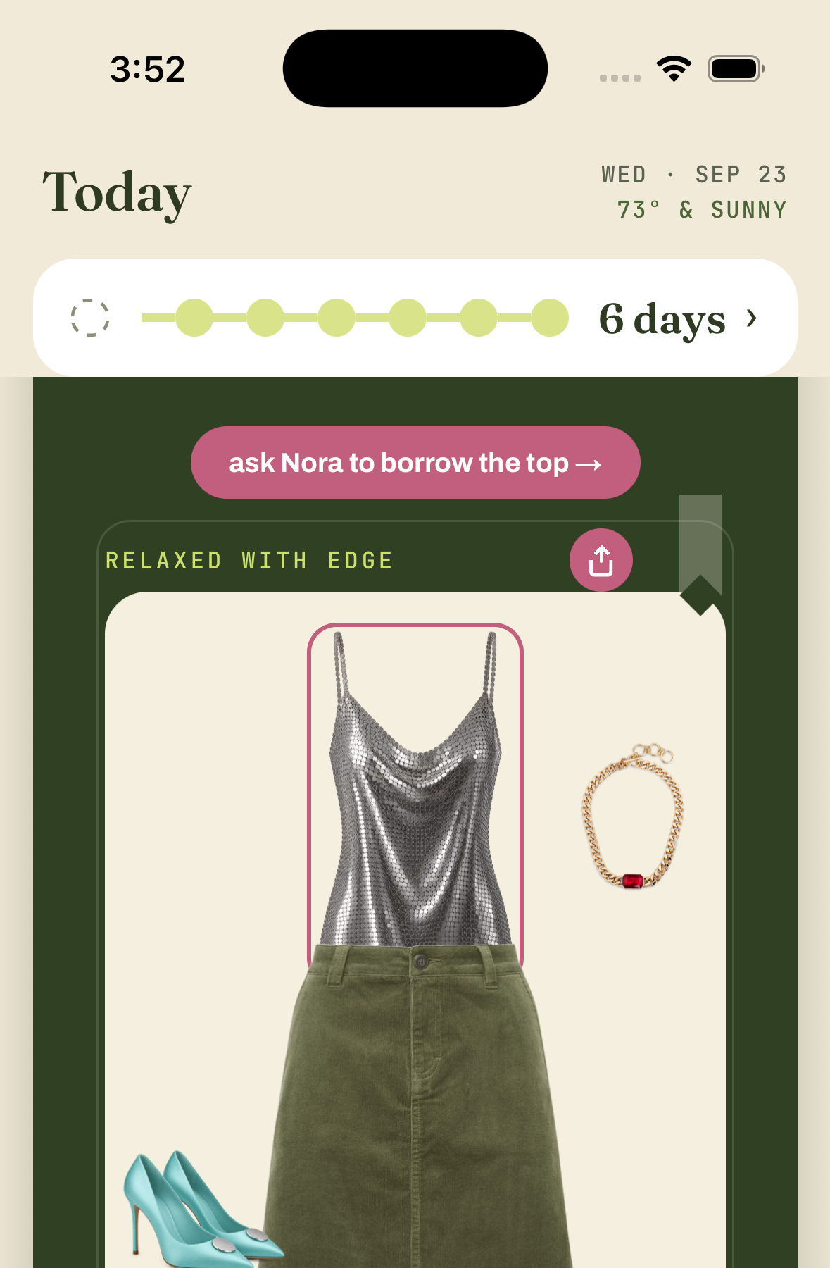 The Today screen, with the day’s weather and the outfit she logged as worn